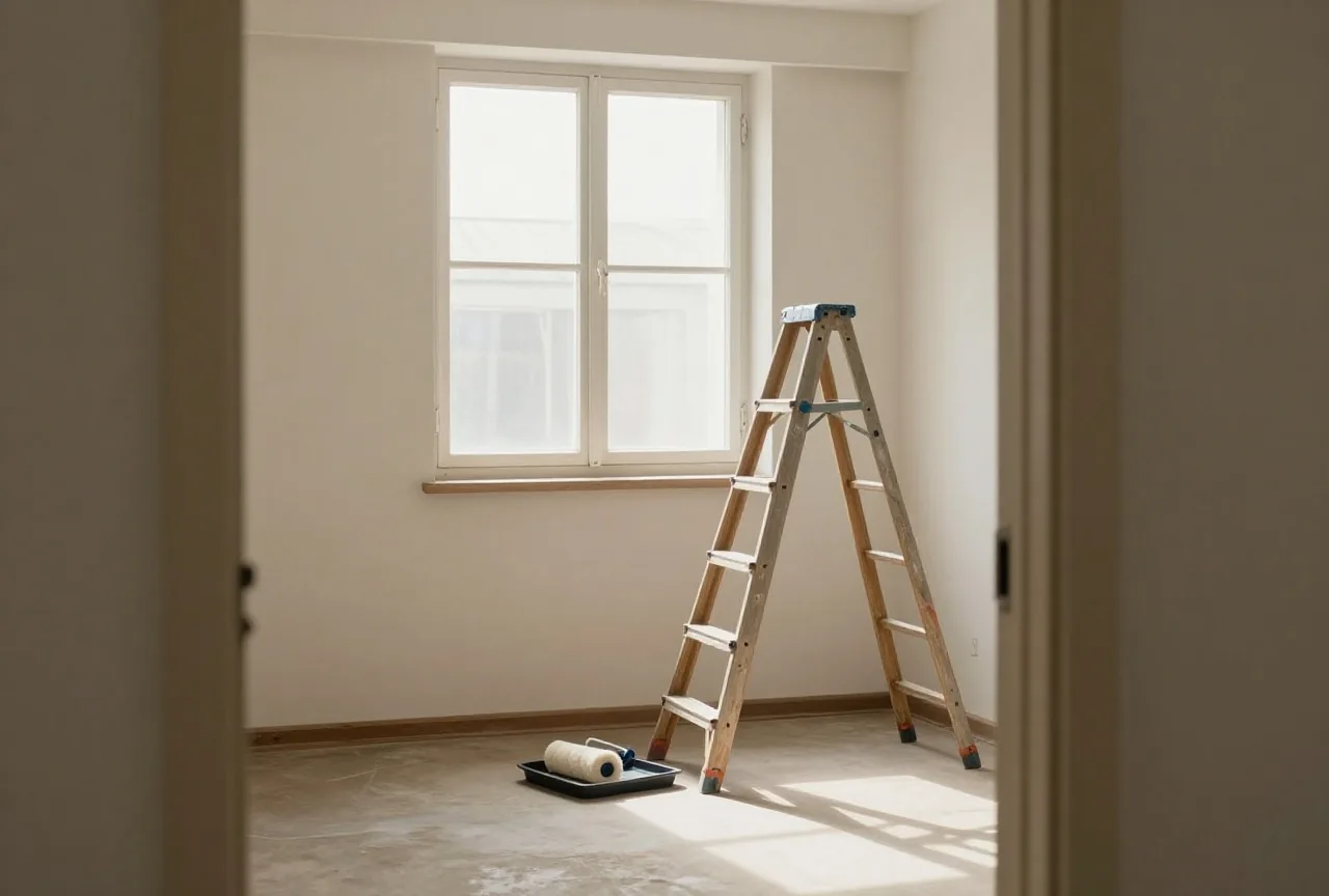 Halb renoviertes helles Zimmer mit Leiter, Farbroller auf einer Wanne und einem Fenster im Tageslicht
