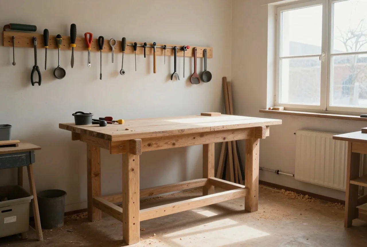 Leere Hobelbank in einer kleinen hellen Werkstatt, Handwerkzeuge ordentlich an der Wand, Hobelspäne am Boden, Nachmittagssonne durch ein staubiges Fenster