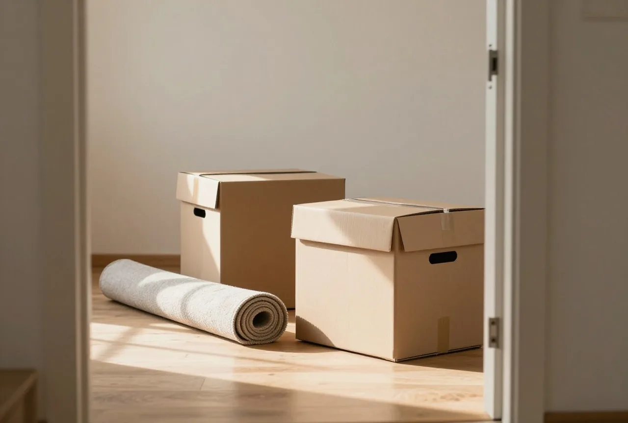 Zwei Umzugskartons und ein eingerollter Teppich in einem leeren, hellen Zimmer