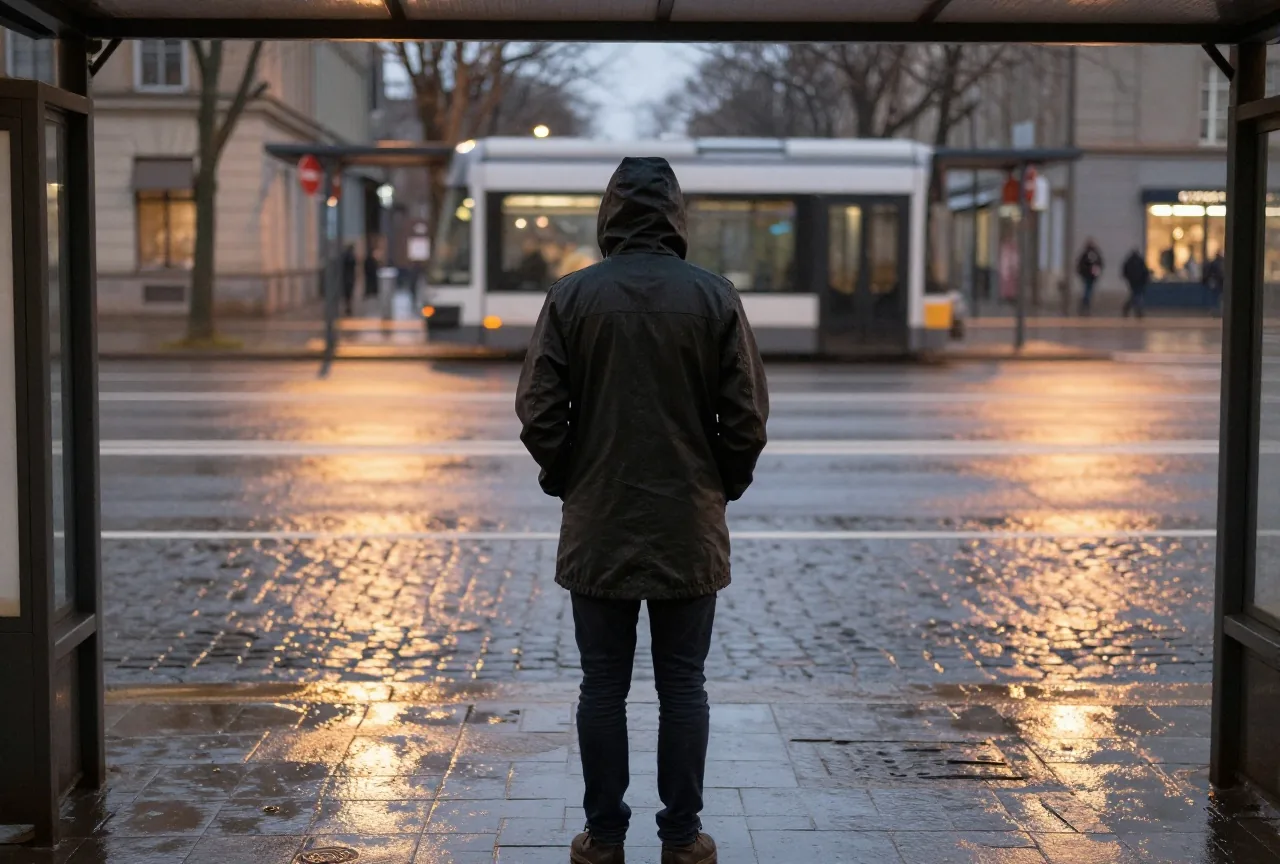 Person in Regenjacke von hinten an einer Straßenbahnhaltestelle in der Dämmerung, nasses Kopfsteinpflaster spiegelt das Licht der Laternen