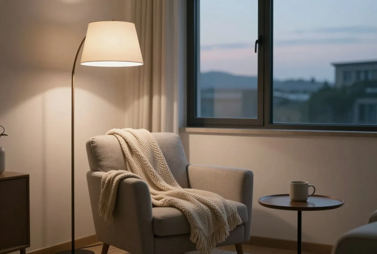 Leerer Sessel mit Strickdecke neben einer Stehlampe und einem hohen Fenster in der Dämmerung, auf dem Beistelltisch eine Tasse