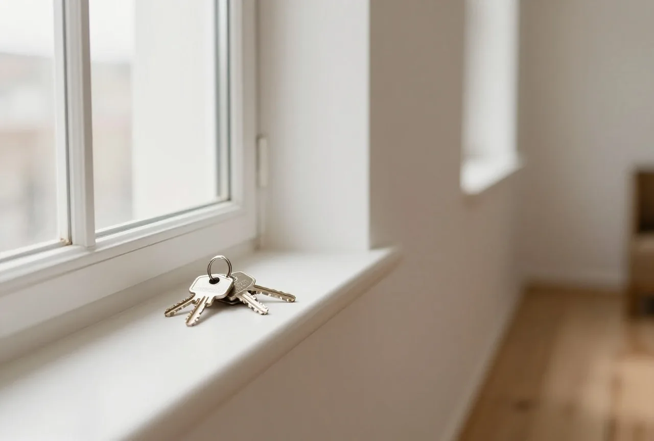 Schlüsselbund auf dem Fensterbrett einer leeren, hellen Wohnung mit kahlen weißen Wänden und Holzdielen im Morgenlicht