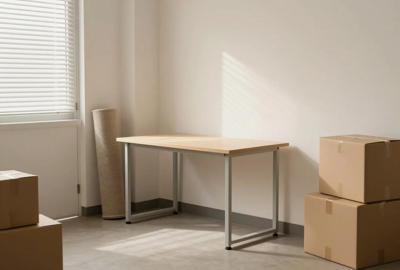 Ein kleines leeres Büro mit leerem Schreibtisch, an die Wand gelehntem Teppich und Umzugskartons an der Tür