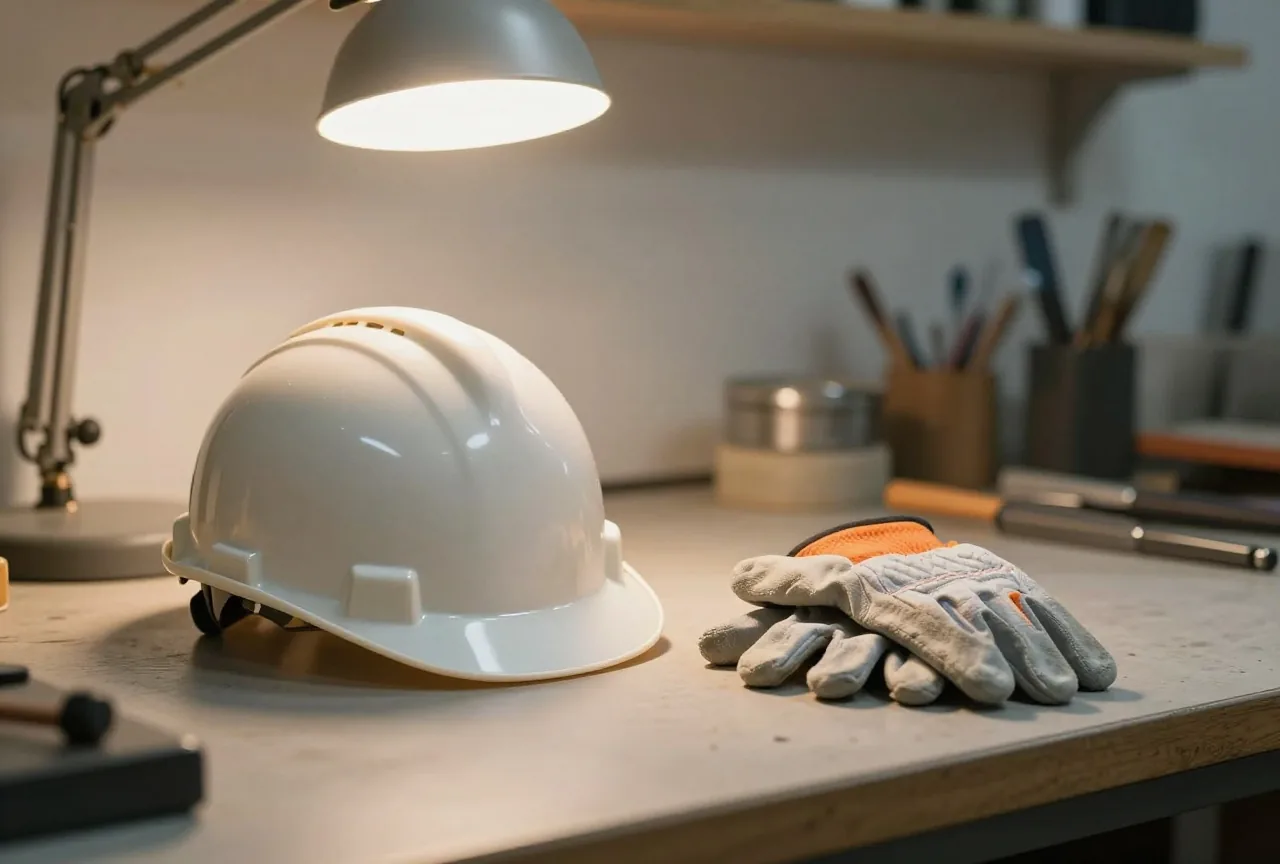 Schutzhelm und Arbeitshandschuhe auf einer Werkbank in einer ruhigen Werkstatt am Feierabend, warmes Licht einer einzelnen Lampe
