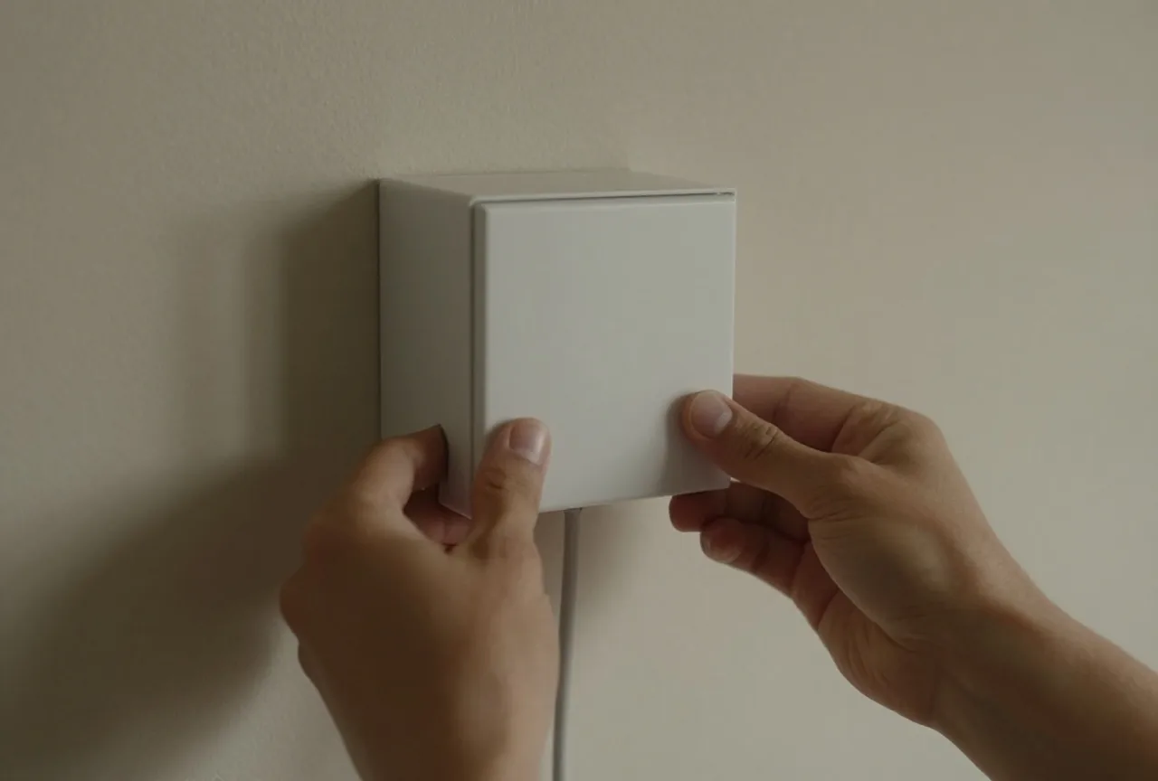 Hände montieren eine kleine weiße Glasfaser-Anschlussdose an einer Kellerwand, ein dünnes Kabel führt heraus