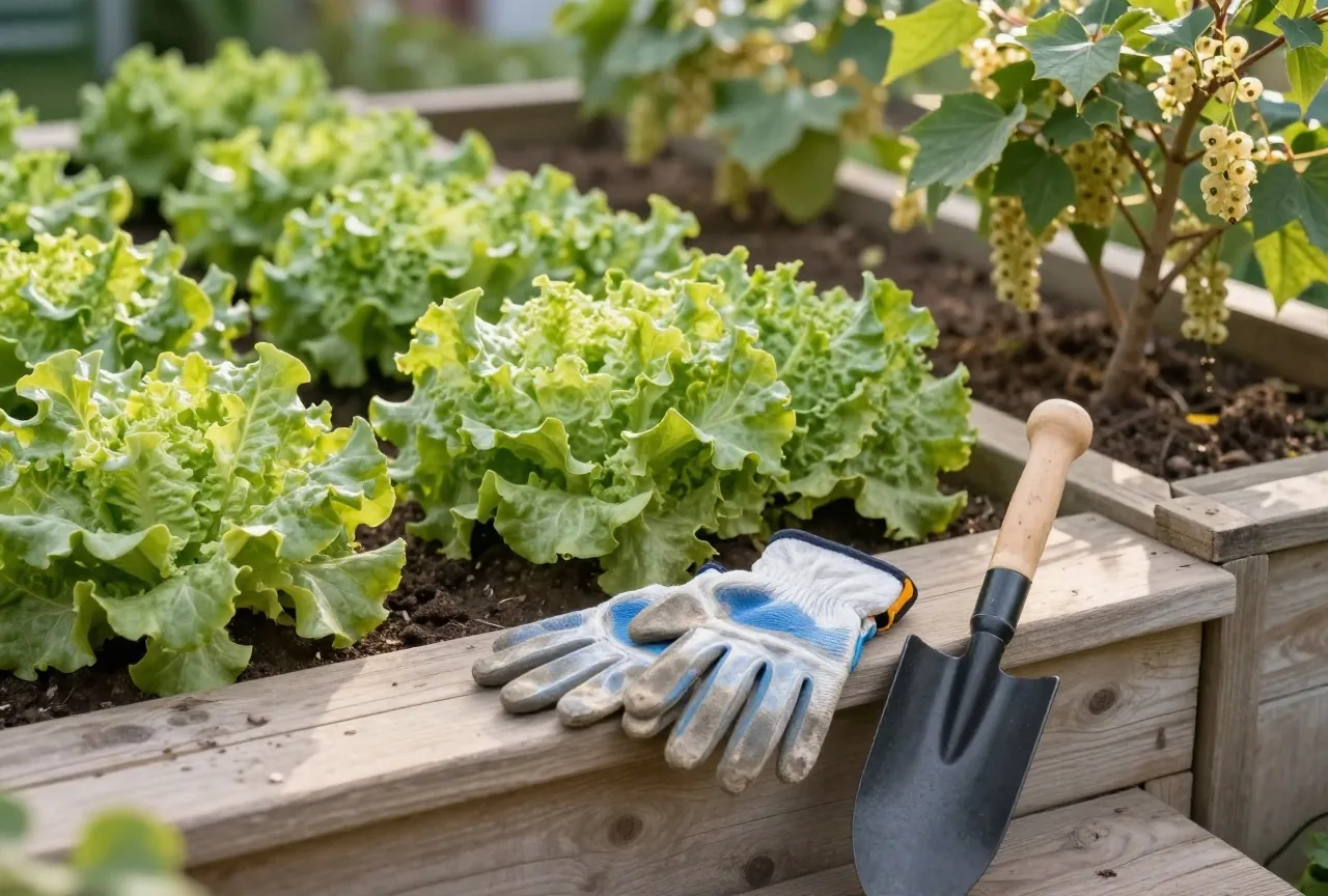 Gartenhandschuhe und eine Pflanzschaufel auf den Holzstufen einer Laube, dahinter Salatreihen und ein Johannisbeerstrauch in der Nachmittagssonne
