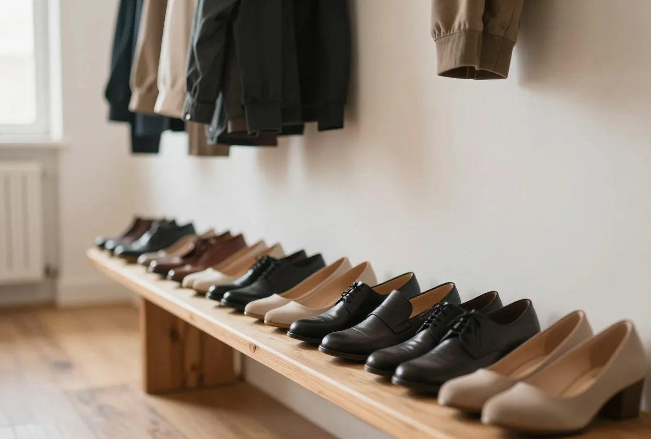 Schuhe in verschiedenen Größen ordentlich aufgereiht auf einer Holzbank in einem hellen Flur, darüber Jacken an der Garderobe