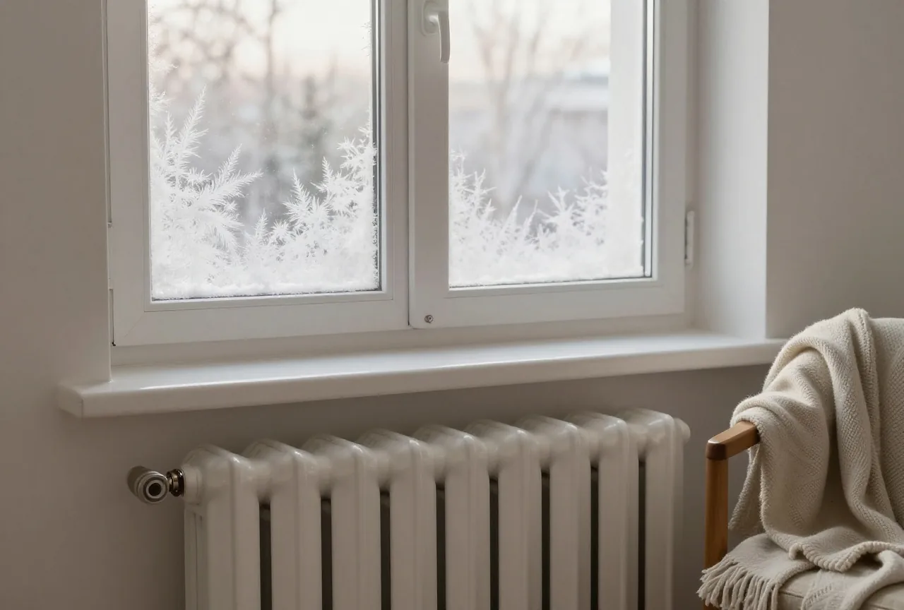 Ein weißer Heizkörper unter einem Fenster mit Eisblumen, daneben ein Stuhl mit Wolldecke im Morgenlicht