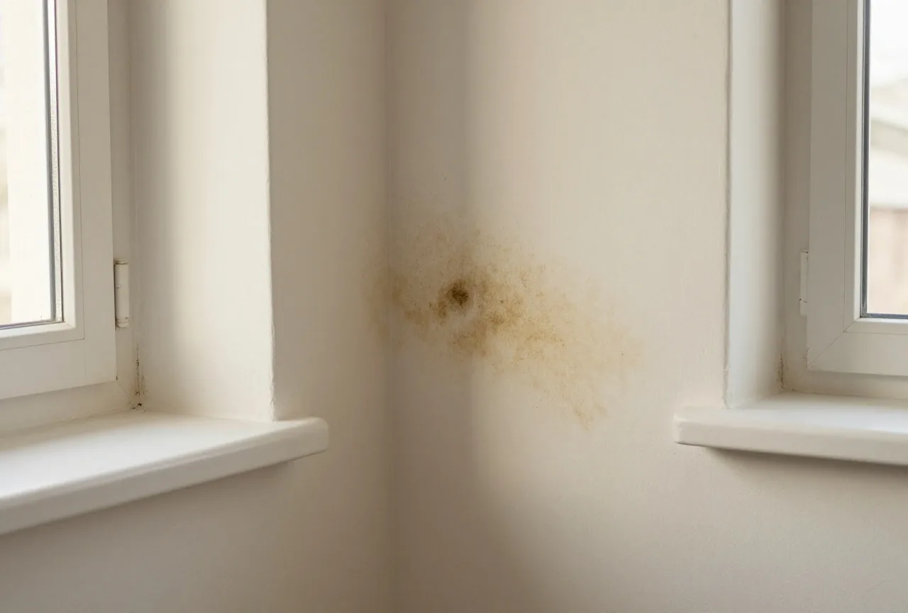 Hände halten ein kleines Feuchtigkeitsmessgerät vor eine weiß gestrichene Wand