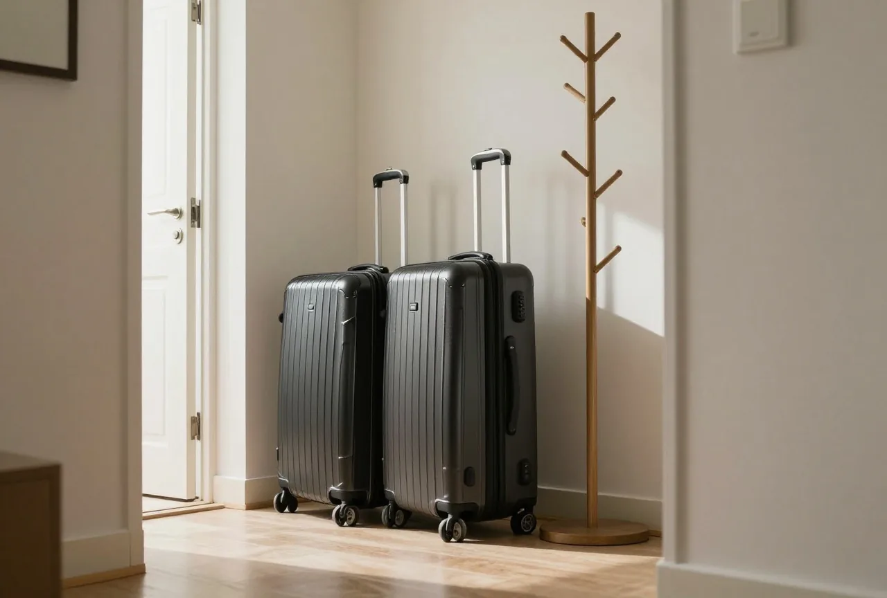 Zwei Rollkoffer im Flur einer Wohnung neben einer Garderobe, Licht fällt durch eine offene Tür