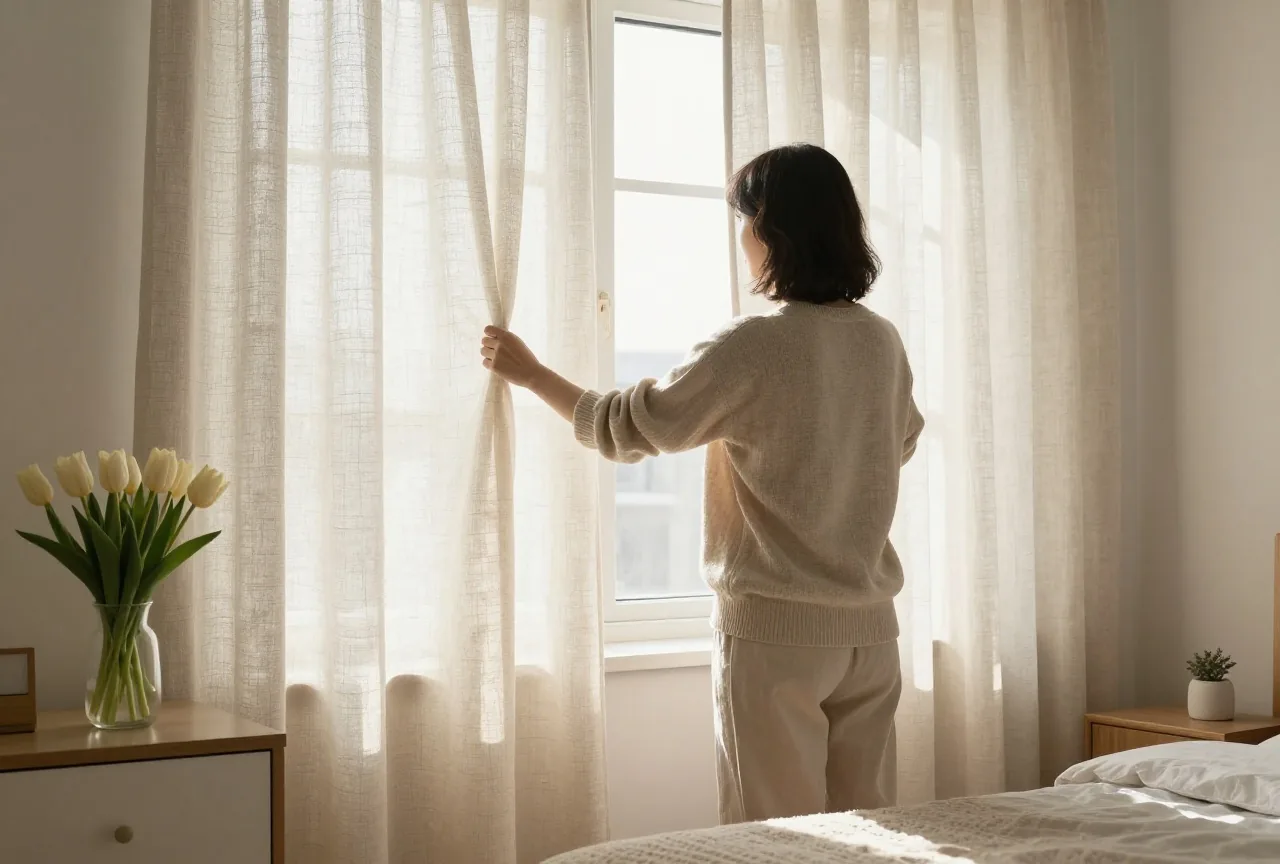 Person von hinten zieht in einem aufgeräumten Schlafzimmer lange Leinenvorhänge auf, auf der Kommode eine Vase mit Tulpen