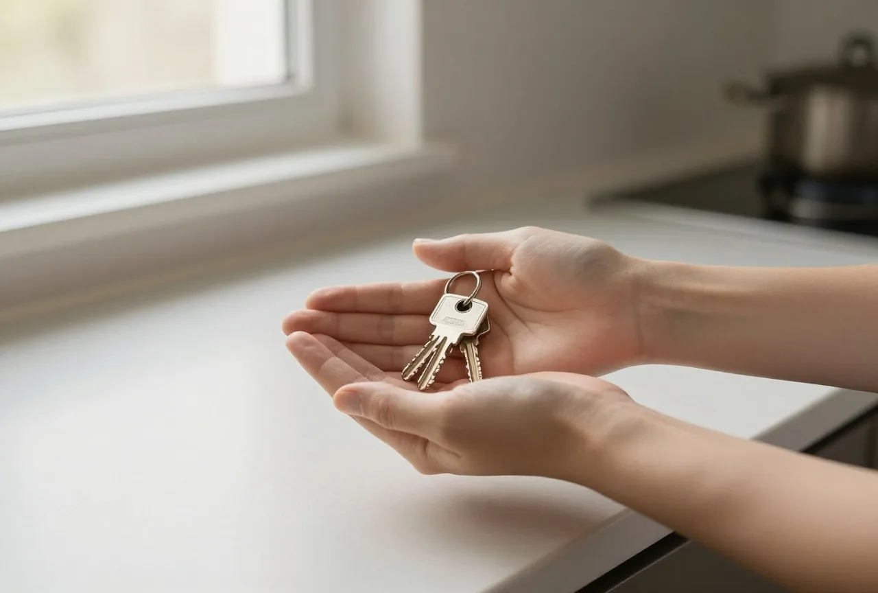Eine Hand legt einen Wohnungsschlüsselbund in eine offene Hand über einer leeren Küchenarbeitsplatte