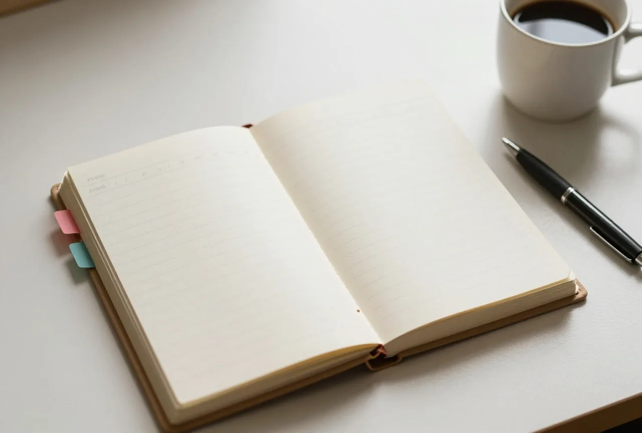 Ein aufgeschlagener Ordner mit bunten Registerblättern, ein Stift und eine Tasse Kaffee auf einem Schreibtisch