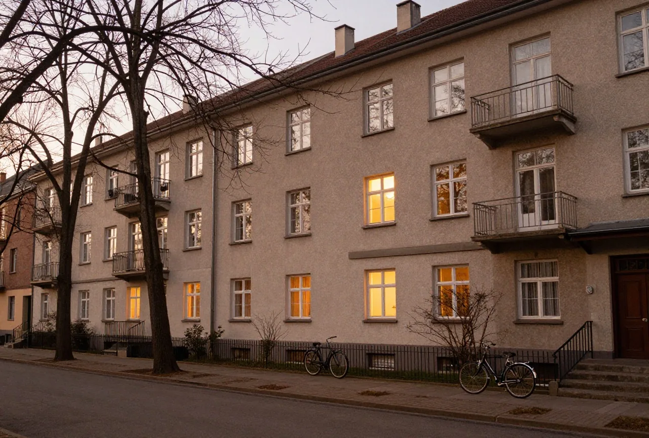 Wohnstraße in der Winterdämmerung mit erleuchteten Fenstern eines Altbaus und kahlen Bäumen