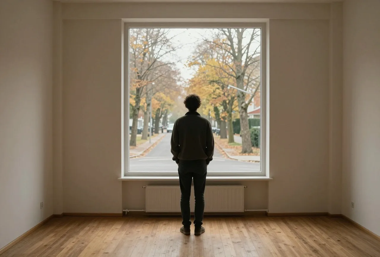 Eine Person von hinten am hohen Fenster einer leeren Wohnung mit Blick auf eine herbstliche Allee