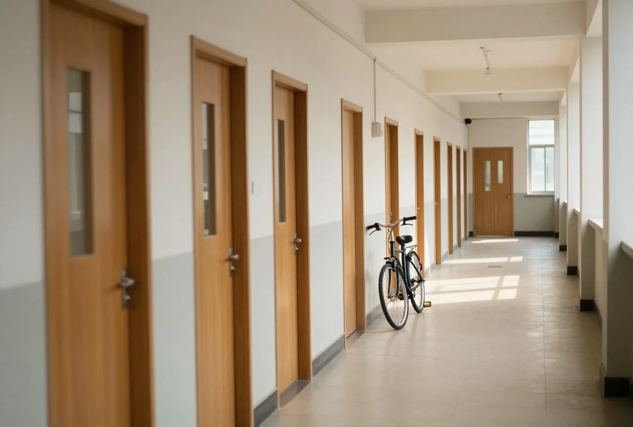 Langer Flur eines Wohnheims mit gleichförmigen Holztüren und einem an die Wand gelehnten Fahrrad