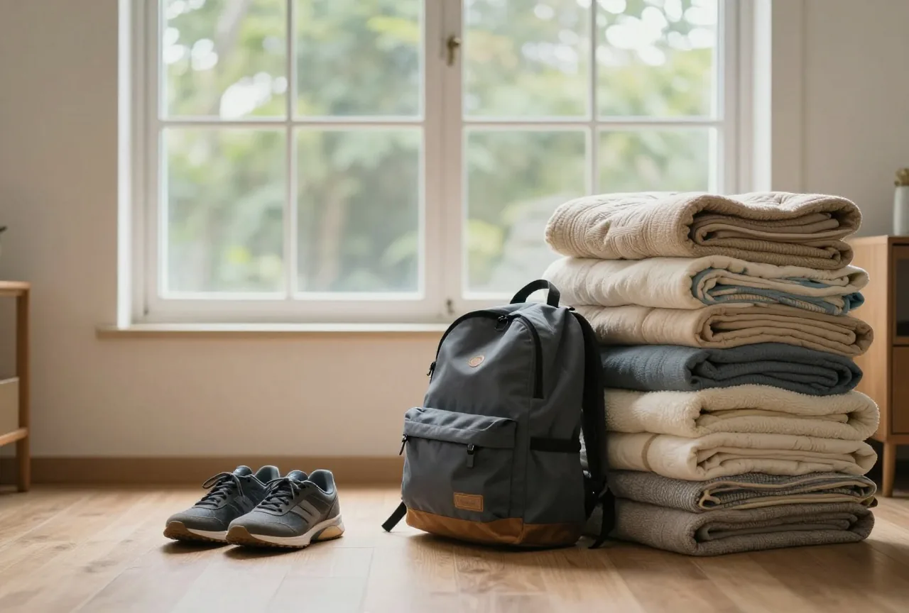 Turnschuhe und ein Rucksack auf dem Boden eines sonnigen leeren Wohnzimmers neben gefalteten Umzugsdecken