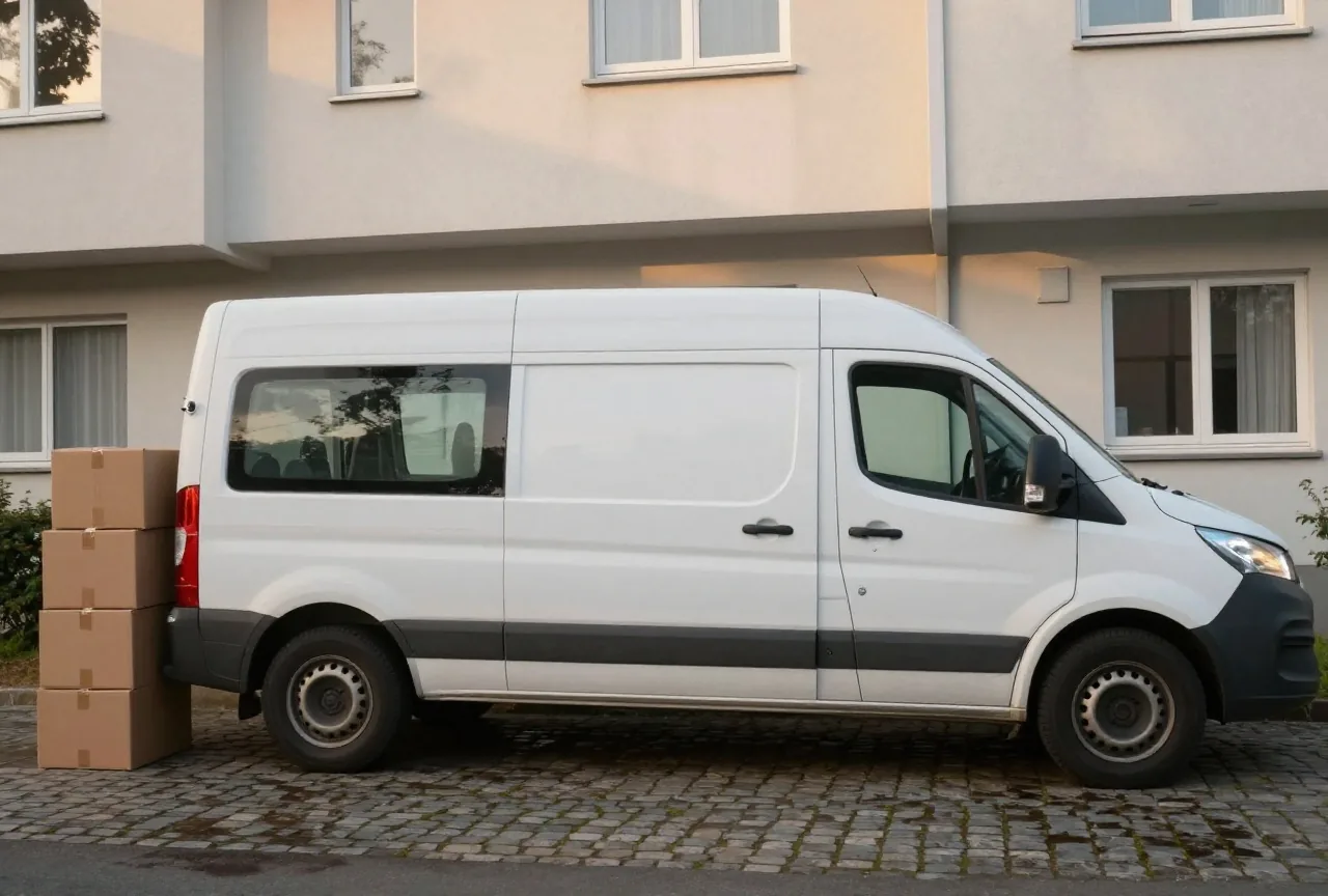 Weißer Transporter mit offenen leeren Hecktüren vor einem Mehrfamilienhaus in der Morgendämmerung, daneben flach gefaltete Umzugskartons