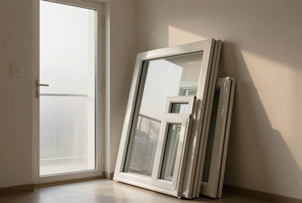 Neue, in Folie verpackte Fensterrahmen lehnen im Treppenhaus eines Mehrfamilienhauses