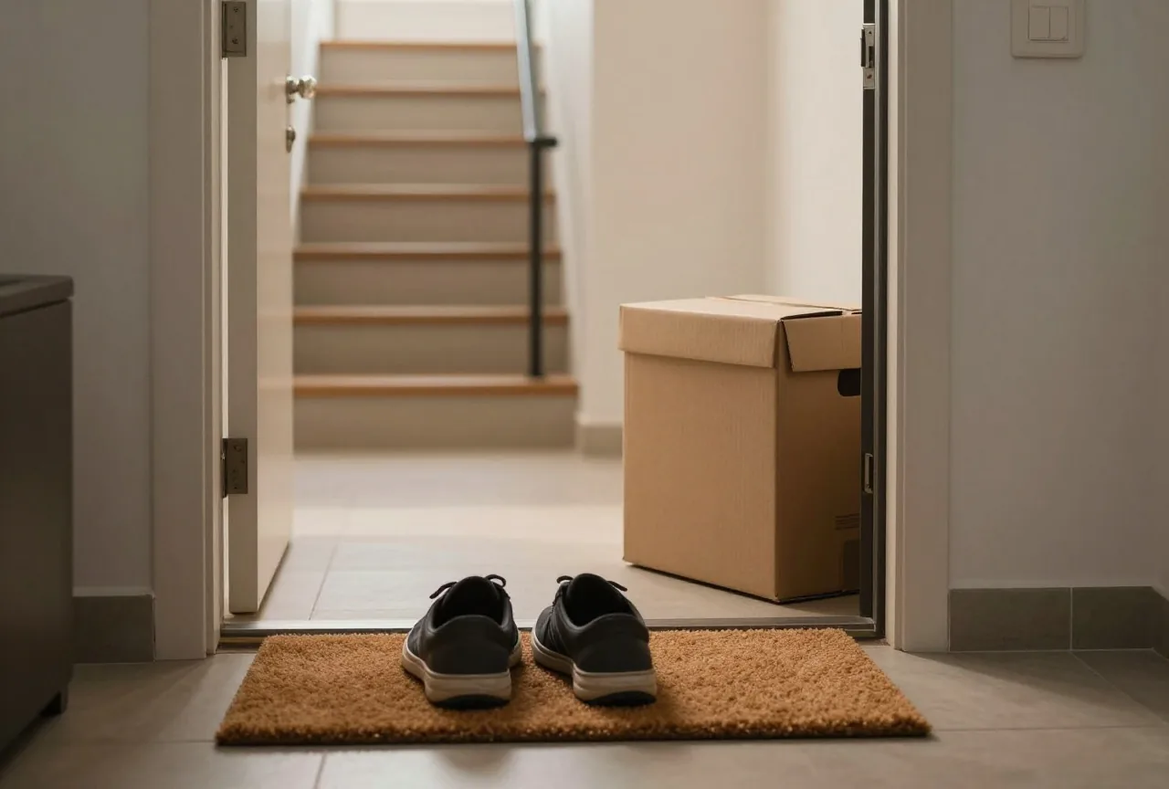 Fußmatte vor einer Wohnungstür mit einem Paar Schuhe, daneben ein Umzugskarton im Treppenhaus