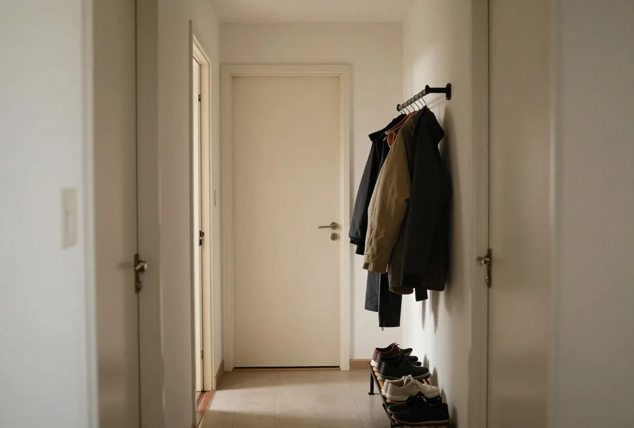 Schmaler Wohnungsflur mit drei geschlossenen Zimmertüren, einem Schuhregal und einer Garderobe voller Jacken