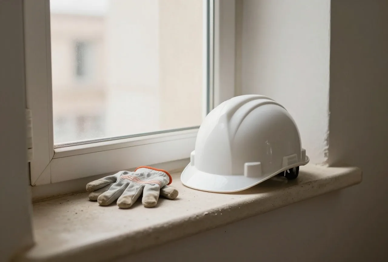 Ein weißer Bauhelm und Arbeitshandschuhe auf einer staubigen Fensterbank in einem leeren Raum mit unverputzten Wänden