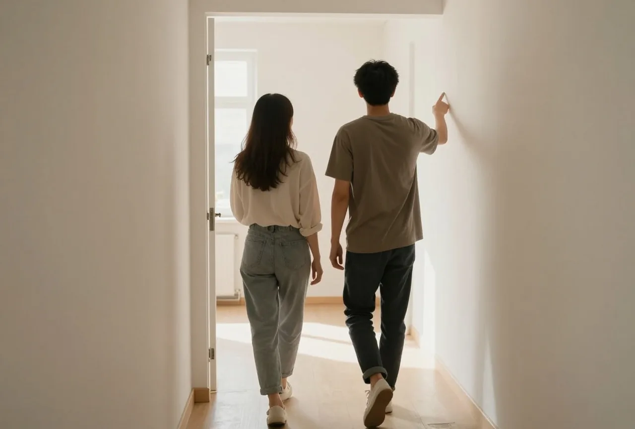Zwei Personen von hinten gehen durch eine leere helle Wohnung, eine zeigt auf einen Türrahmen