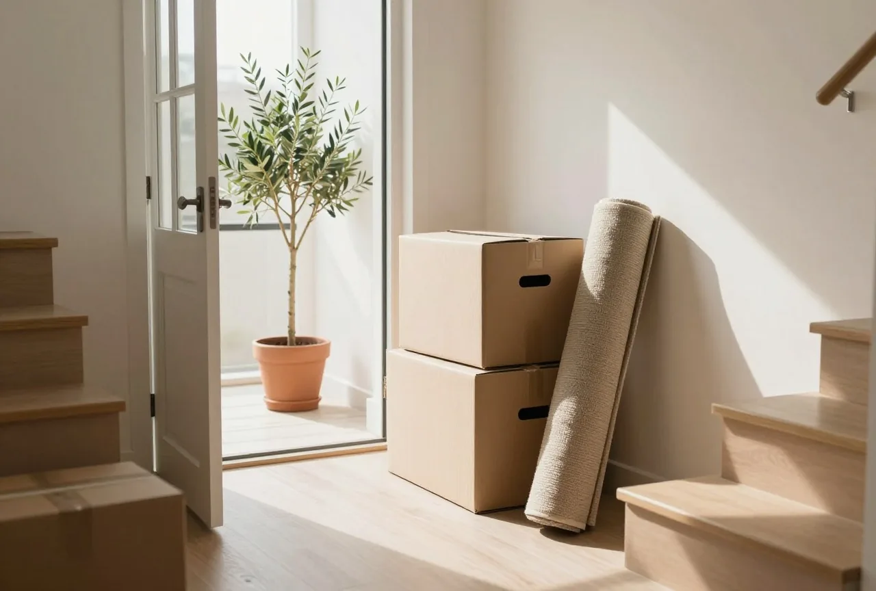 Zwei gepackte Umzugskartons und ein eingerollter Teppich neben einer offenen Wohnungstür im sonnigen Treppenhaus