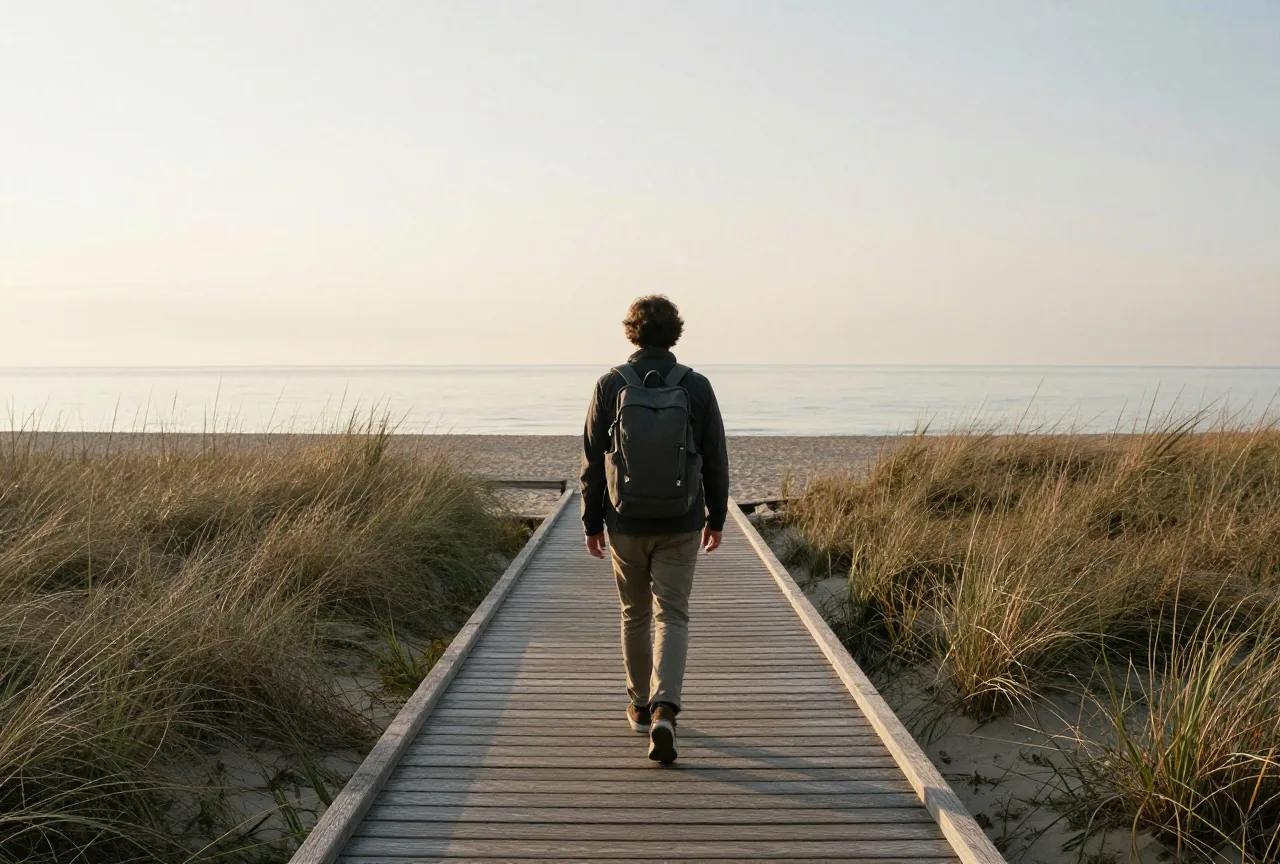 Person mit Rucksack von hinten auf einem Holzsteg Richtung ruhiges Meer bei Sonnenaufgang, Strandgras an beiden Seiten