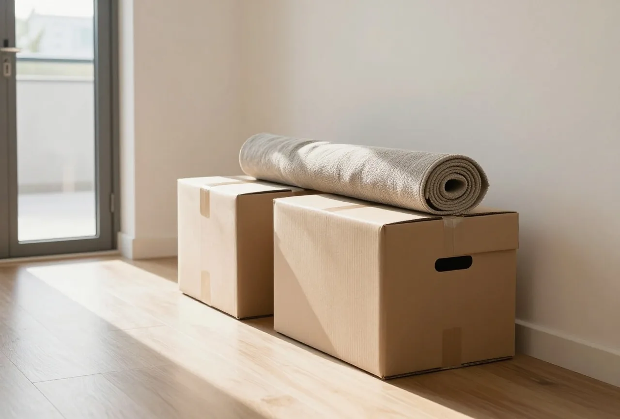 Zwei Umzugskartons und ein eingerollter Teppich in einem hellen Flur neben einer offenen Wohnungstür