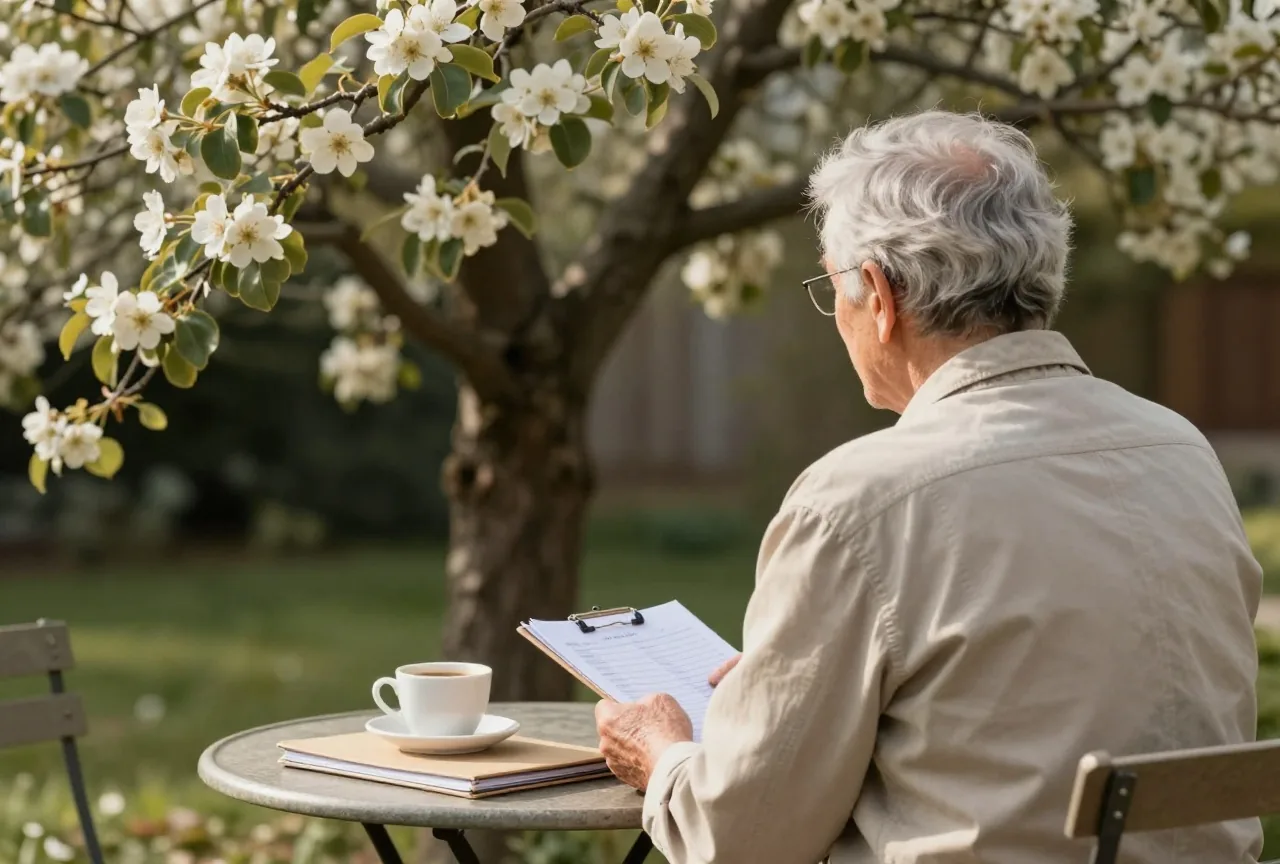 Ältere Person von hinten an einem Gartentisch unter einem Birnbaum, auf dem Tisch eine geschlossene Mappe und eine Tasse Kaffee