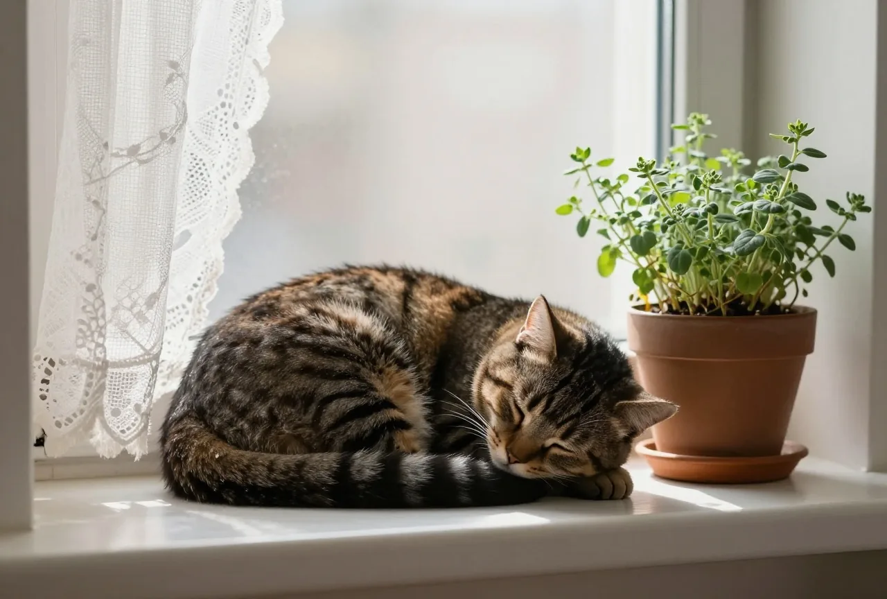 Getigerte Katze schläft zusammengerollt auf einer sonnigen Fensterbank neben einem Kräutertopf, weiches Morgenlicht