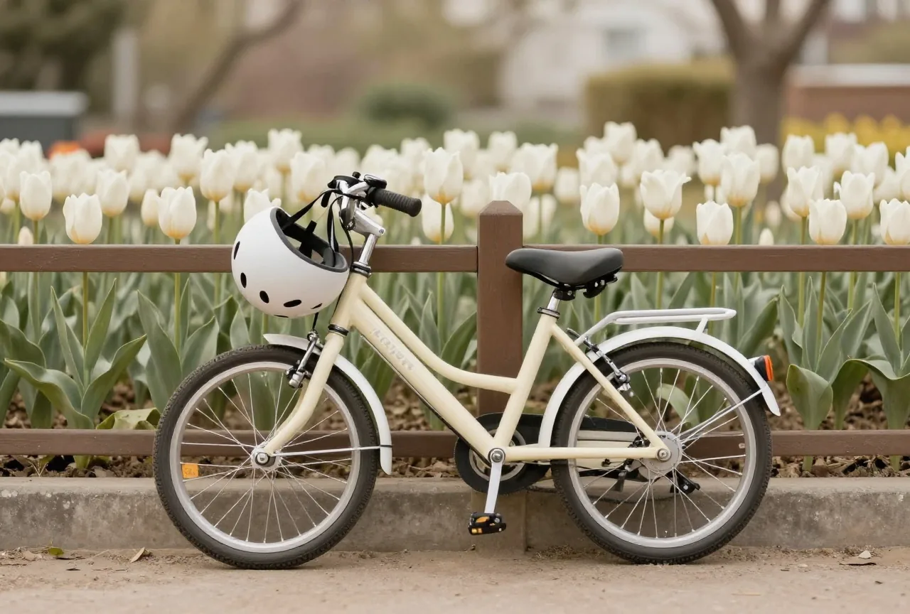 Kinderfahrrad mit Helm am Lenker lehnt an einem Gartenzaun an einem milden Frühlingsnachmittag, Tulpen im Beet