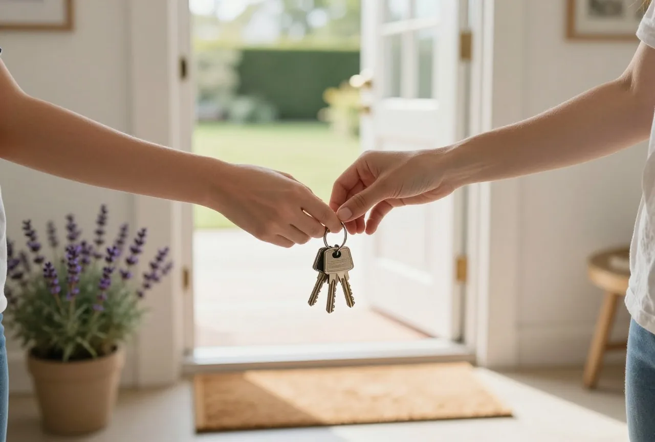 Zwei Händepaare übergeben einen Schlüsselbund an der offenen Haustür eines Einfamilienhauses, daneben Fußmatte und Lavendel im Topf